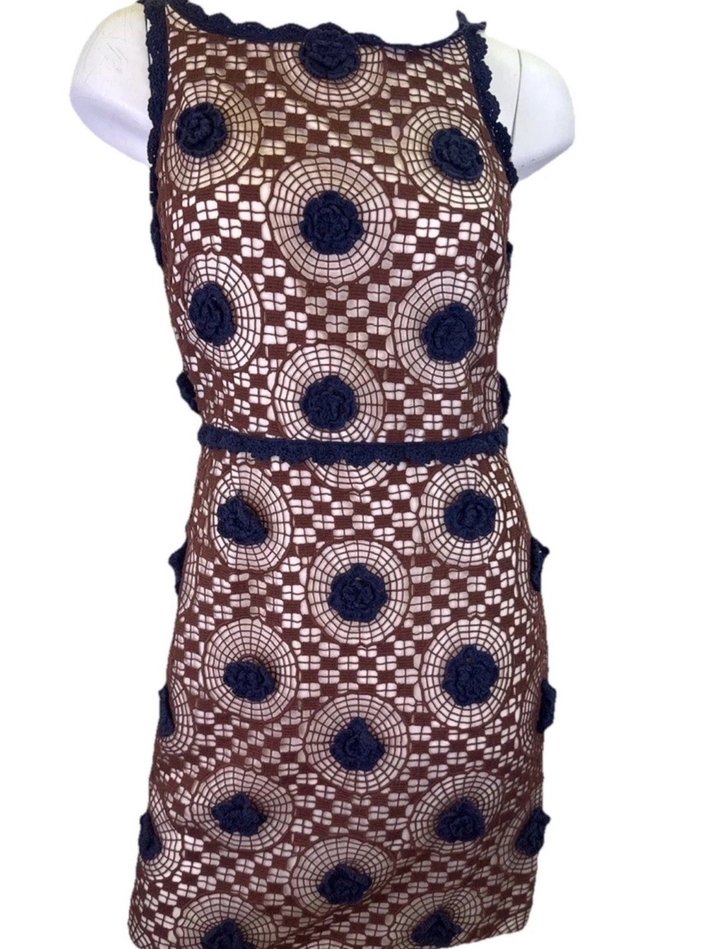 Tory Burch Brown Crochet Mini Dress with Navy Appliqués